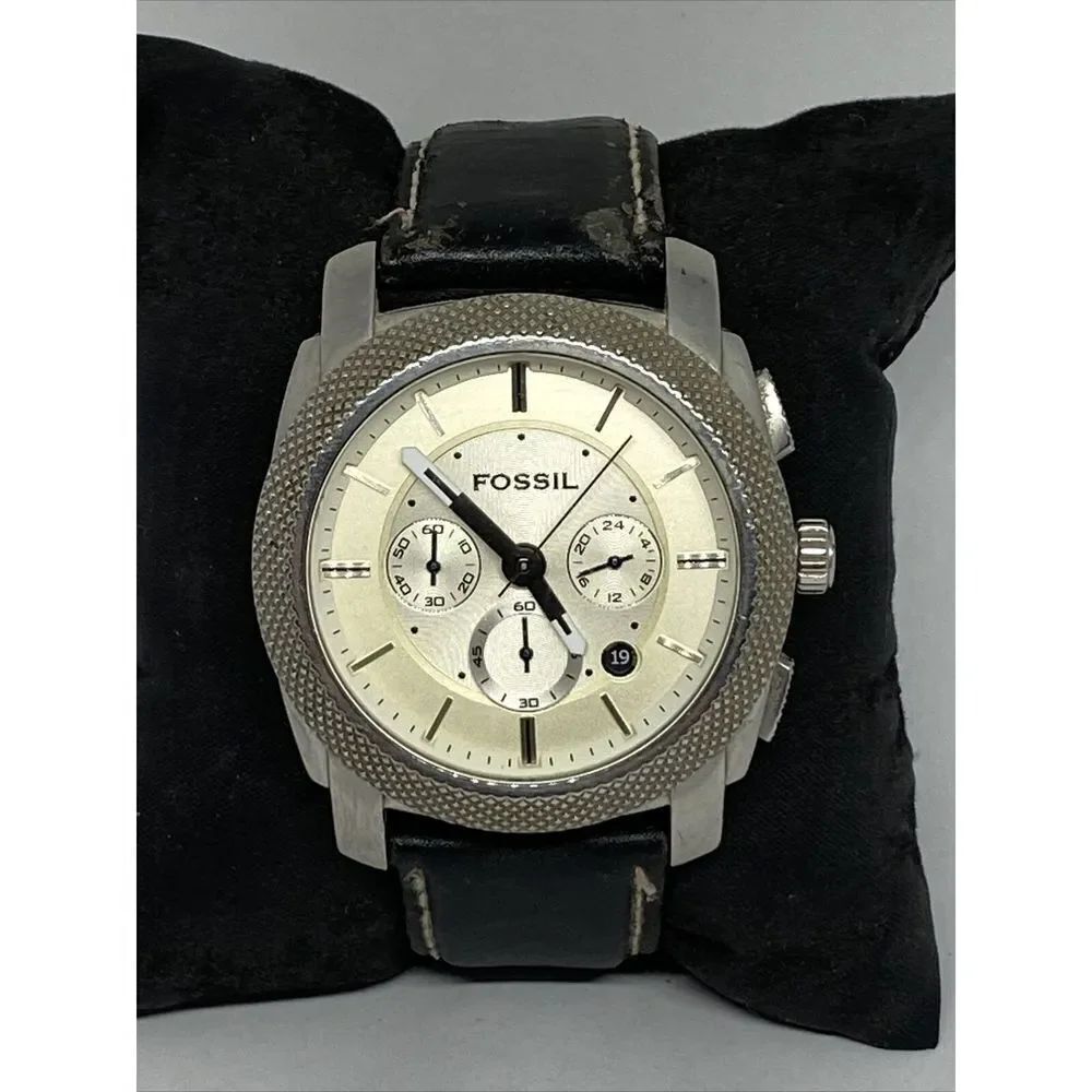 Fossil FS4437 Men's Black Leather Analog Beige Dial Quartz Genuine Watch WO750